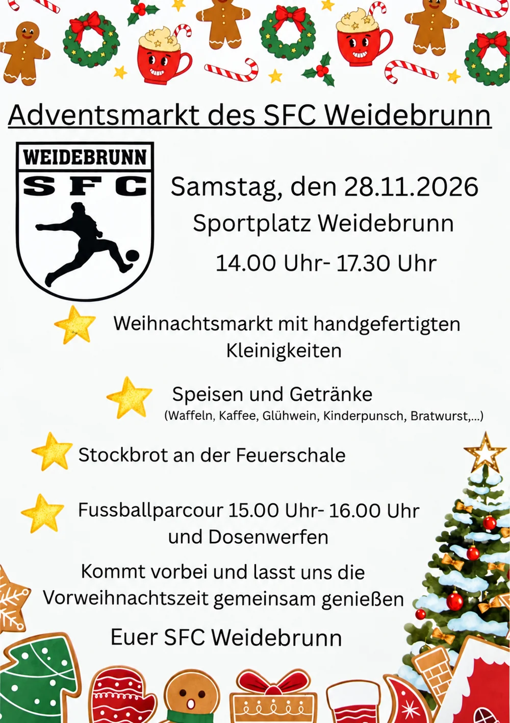 Plakat zum Adventsmarkt am 28. November 2026, 14:00 bis 17:30 Uhr, Sportplatz Weidebrunn